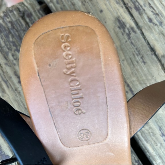 Women's See by Chloe Robin Wedge Sandals Black Leather Ankle Strap Size 38 - Picture 6 of 8